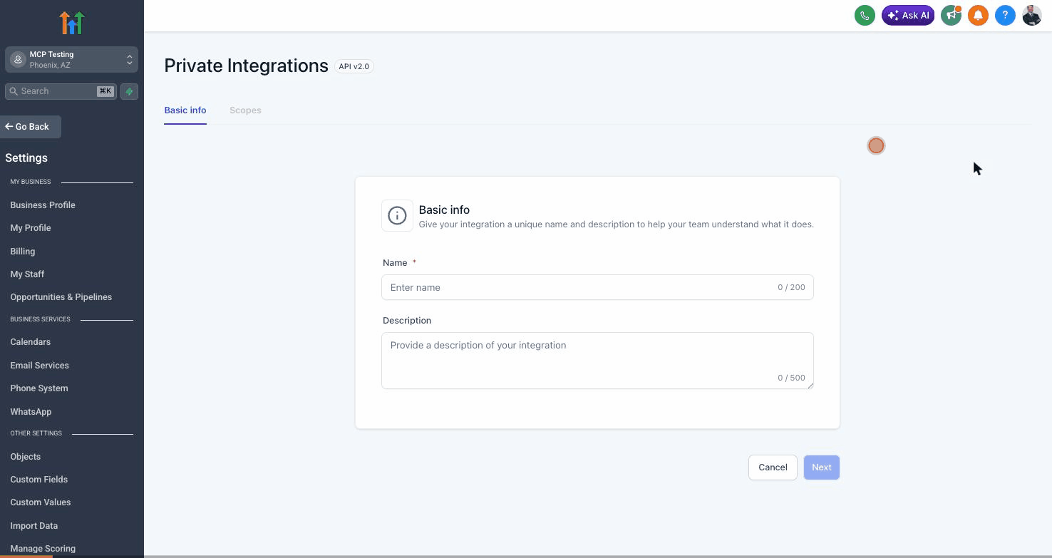 Animated walkthrough of creating a Private Integration in GHL: name it, switch to Scopes tab, open the dropdown, click Select all, see 148 of 148 selected